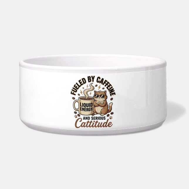 Fueled by Caffeine and Serious Cattitude Funny Cat Voerbakje (Voorkant)