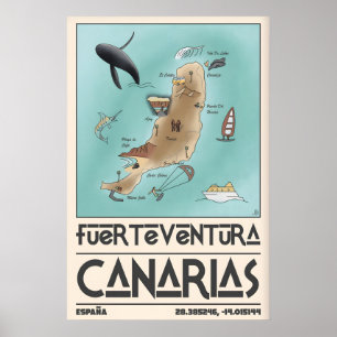 Fuerteventura Kaart Muurkunst Canarische Eilanden Poster