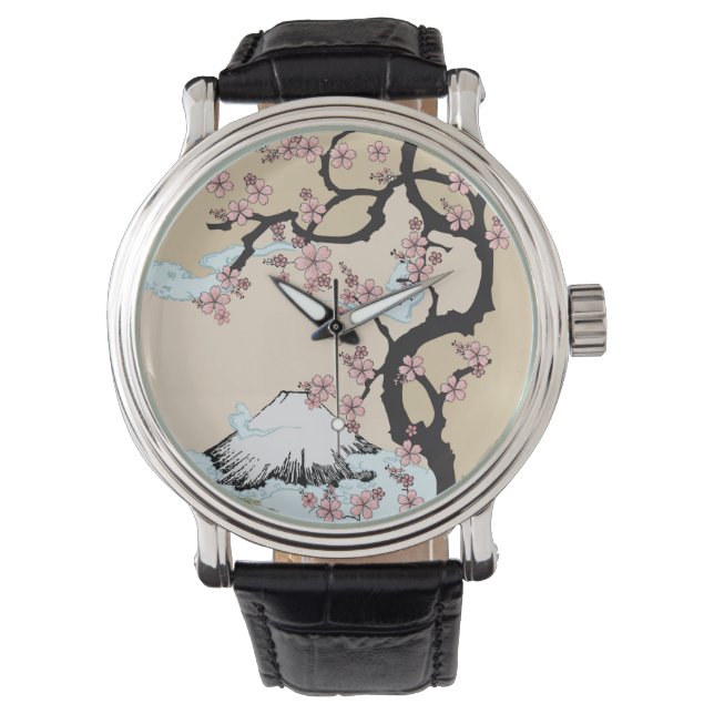 Fuji en Sakura:  lederen riem volgen Horloge (Voorkant)