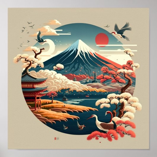 Fuji met een Japans landschap in  stijl. Poster (Voorkant)
