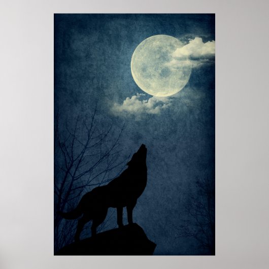 Full Blue Moon Howling Wolf Silhouette Poster (Voorkant)