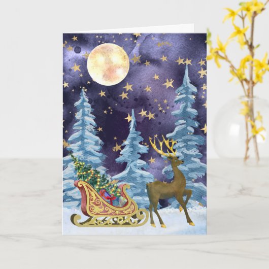Full Moon Over Reindeer With Sleigh Kaart (Gele Bloem)