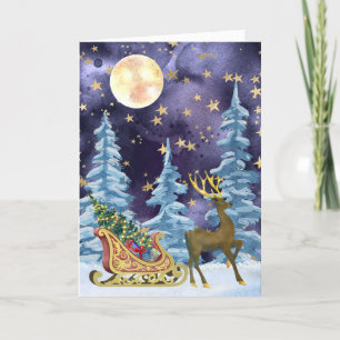 Full Moon Over Reindeer With Sleigh Kaart