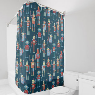Fun 1950s Style Retro Robot Pattern Dark Douchegordijn