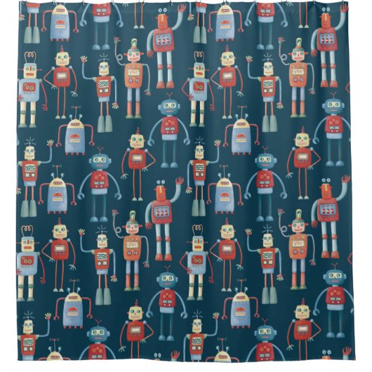 Fun 1950s Style Retro Robot Pattern Dark Douchegordijn (Voorkant)
