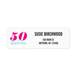 Fun 50 & Beachin Hot Pink zwarte Aquamarine-tekst Etiket