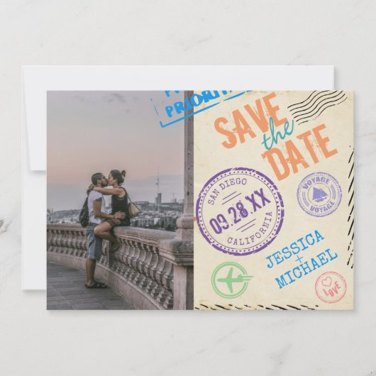 Fun  Airmail Stamps Typografie Foto Save The Date (Voorkant)