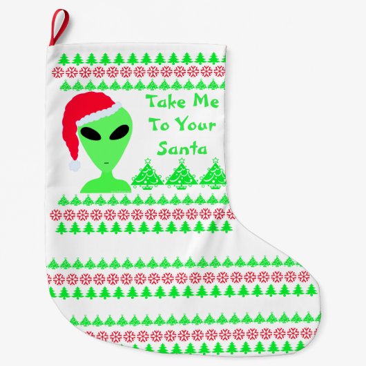 Fun Alien Santa Red Snowflakes Groene Bomen LGM Grote Kerstsok (Voorkant)