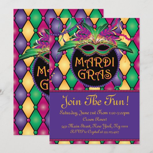 Fun and Festive, Mardi Gras Invitations Kaart (Voorkant / Achterkant)