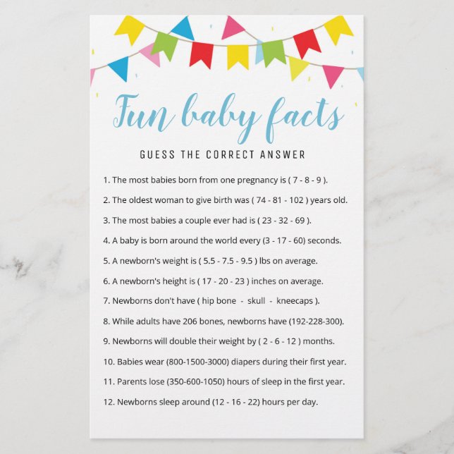 Fun Baby Facts Game met Answers Baby shower party (Voorkant)