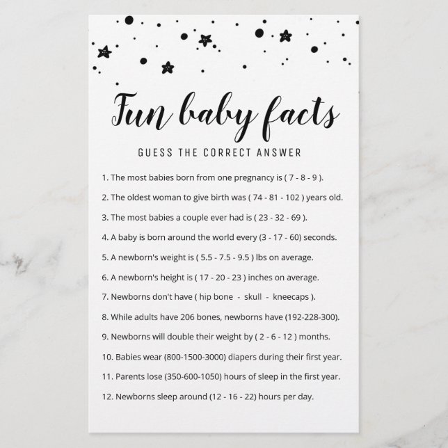 Fun Baby Facts Game met Answers Baby shower party (Voorkant)