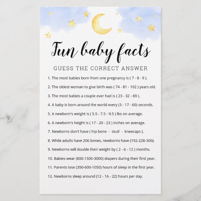 Fun Baby Facts Game met Answers Baby shower party (Voorkant)