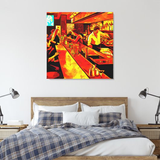 Fun Bar Scene | Bartender en klanten Canvas Afdruk (Insitu (Slaapkamer))