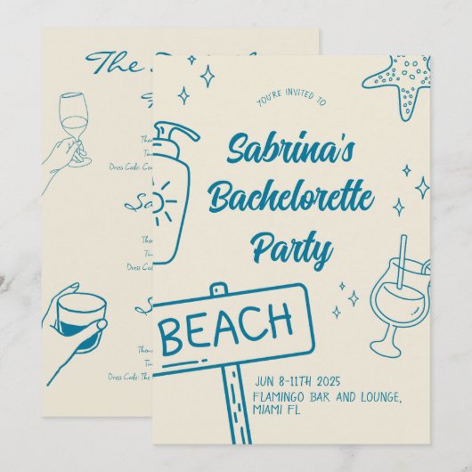 Fun Beach Bachelorette Week-end Invitation (Devant / Derrière)