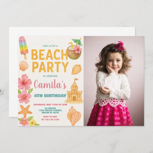 Fun Beach Party Anniversaire Invitation & Décor (Devant / Derrière)