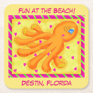 Fun bij Beach Whimsy Octopus Yellow Oranje Vierkante Kartonnen Onderzetter
