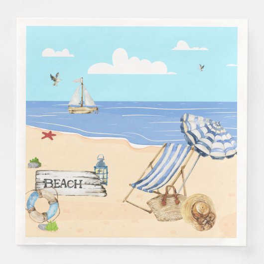 Fun bij de Beach Blue Aqua Waterverf Scene Servet (Voorkant)