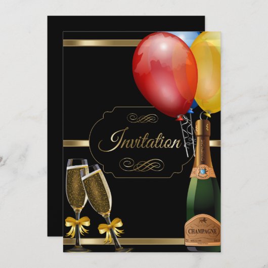 Fun Black and Gold Party Fête Invitation (Devant / Derrière)
