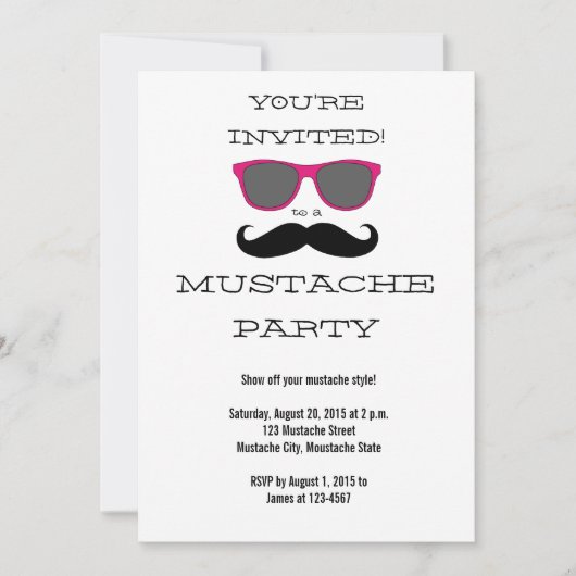 Fun Black Mustache PinkSunbril Party Invitation Kaart (Voorkant)