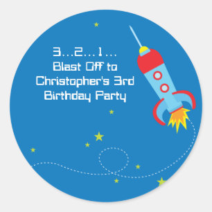 Fun blast off ruimteschip boy verjaardagssticker ronde sticker