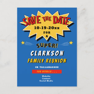 Fun Blue Comic Super Family Reunion Save the Date Uitnodiging Briefkaart