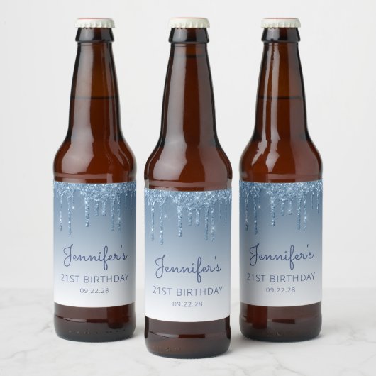 Fun Blue Glitter Drip 21st Birthday Party Bier Etiket (Flessen)