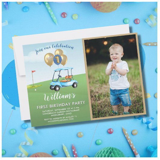 Fun Blue Golf Cart Foto First Birthday Boy Kaart