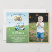Fun Blue Golf Cart Foto First Birthday Boy Kaart (Voorkant)
