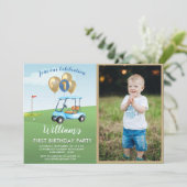 Fun Blue Golf Cart Foto First Birthday Boy Kaart (Staand voorkant)