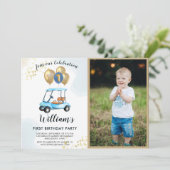 Fun Blue Golf Cart Foto First Birthday Boy Kaart (Staand voorkant)