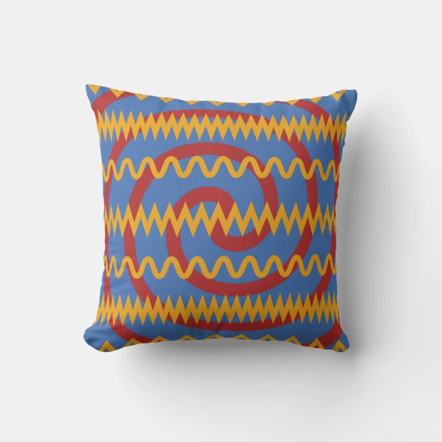 Fun Blue Oranje Swirls en Chevron Zigzags Pattern Kussen (Voorkant)