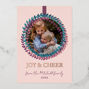 Fun Blush Roze Blauwgroen Blauwe Krans Roos Goud Folie Feestdagenkaart