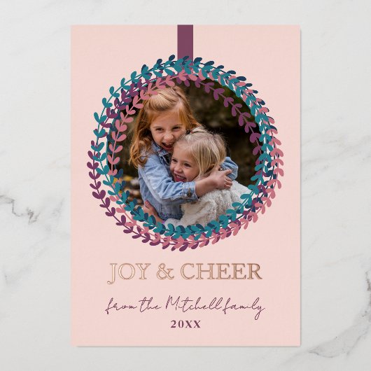 Fun Blush Roze Blauwgroen Blauwe Krans Roos Goud Folie Feestdagenkaart (Voorkant)