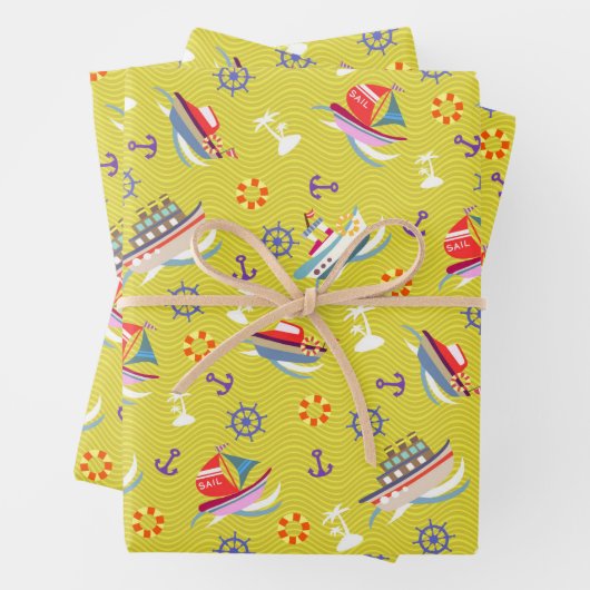 Fun Boats Lemon Green Wrapping Paper (In situ)