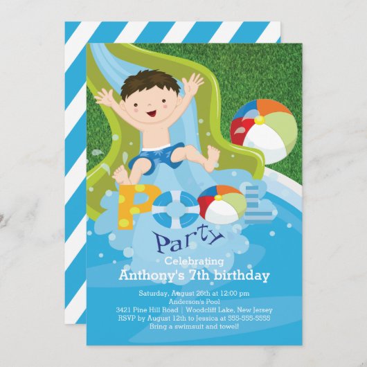 Fun Boy Pool Birthday Party Invitation Kaart (Voorkant / Achterkant)