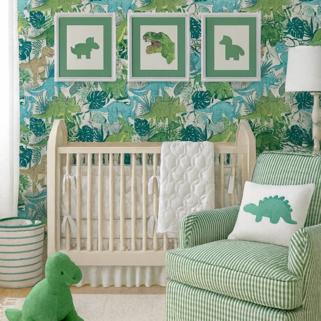 Fun Boys Dinosaurs Blue Green Seamless  Behang (Dinosaur wallpaper in fresh blues and greens creates a bold, playful focal wall for a modern nursery)