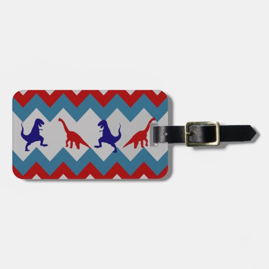 Fun Boys Dinosaurs Red Blue Chevron Pattern Bagagelabel (Voorkant horizontaal)