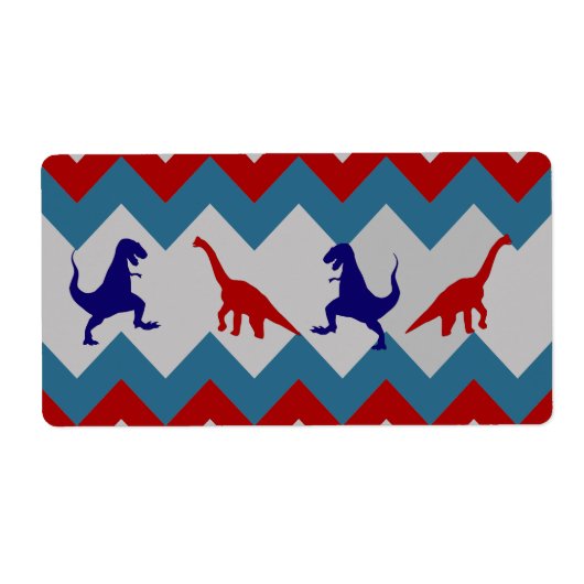 Fun Boys Dinosaurs Red Blue Chevron Pattern Etiket (Voorkant)