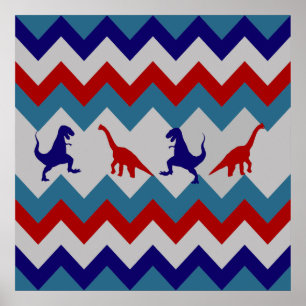 Fun Boys Dinosaurs Red Blue Chevron Pattern Poster