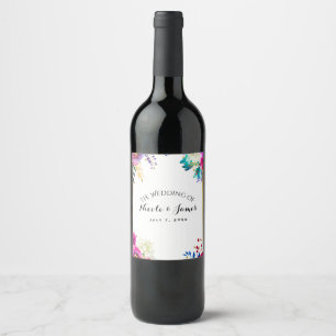 Fun Bright Bold Waterverf Floral Wedding Wine Wijn Etiket