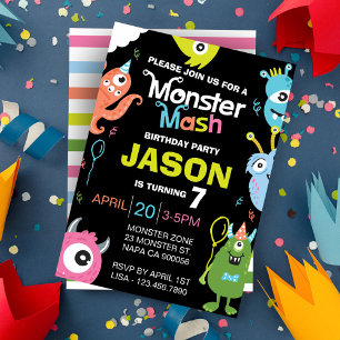 Fun Bright Monster Mash Birthday Party Invitation Kaart