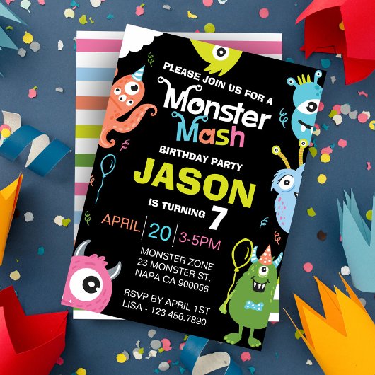 Fun Bright Monster Mash Birthday Party Invitation Kaart