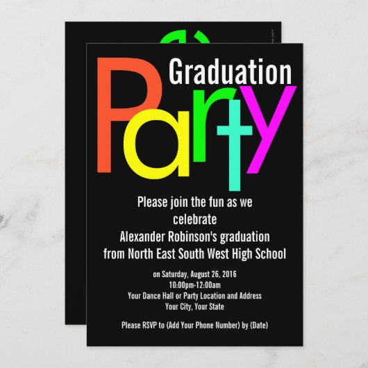 Fun Brights Graduation Party Invitation (Devant / Derrière)