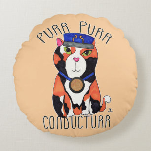 Fun Calico Cat Train Conductor Spint slogan Rond Kussen