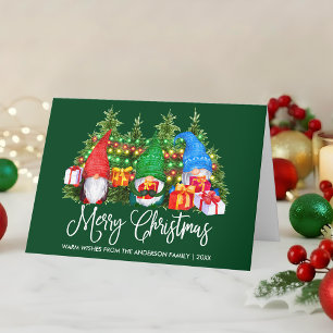 Fun Calligraphy Merry kerst Gnomes Green Fold Feestdagen Kaart