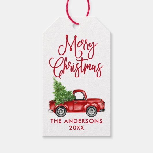 Fun Calligraphy  Red Truck Kerstmis Cadeaulabel (Voorkant)