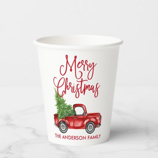 Fun Calligraphy Red Truck Kerstmis Papieren Bekers (Voorkant)