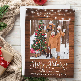 Fun Calligraphy Rustic Wood Lights Foto Feestdagenkaart