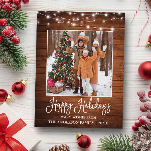 Fun Calligraphy Rustic Wood Lights Photo Holiday Briefkaart
