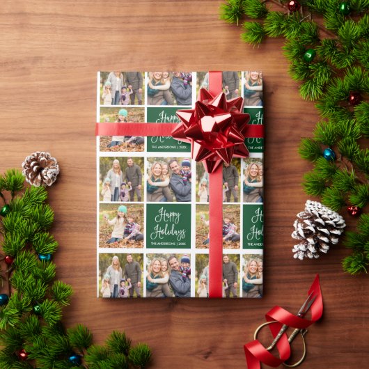 Fun Calligraphy Script Holiday 3 Foto Green Cadeaupapier (Feestdagen Geschenken)